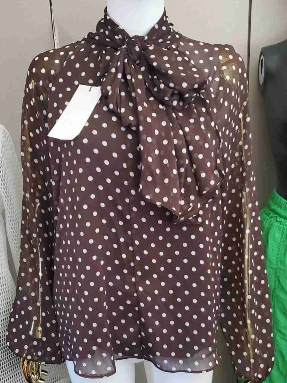 Brown White Polka Dot Bow Neck Sheer Blouse